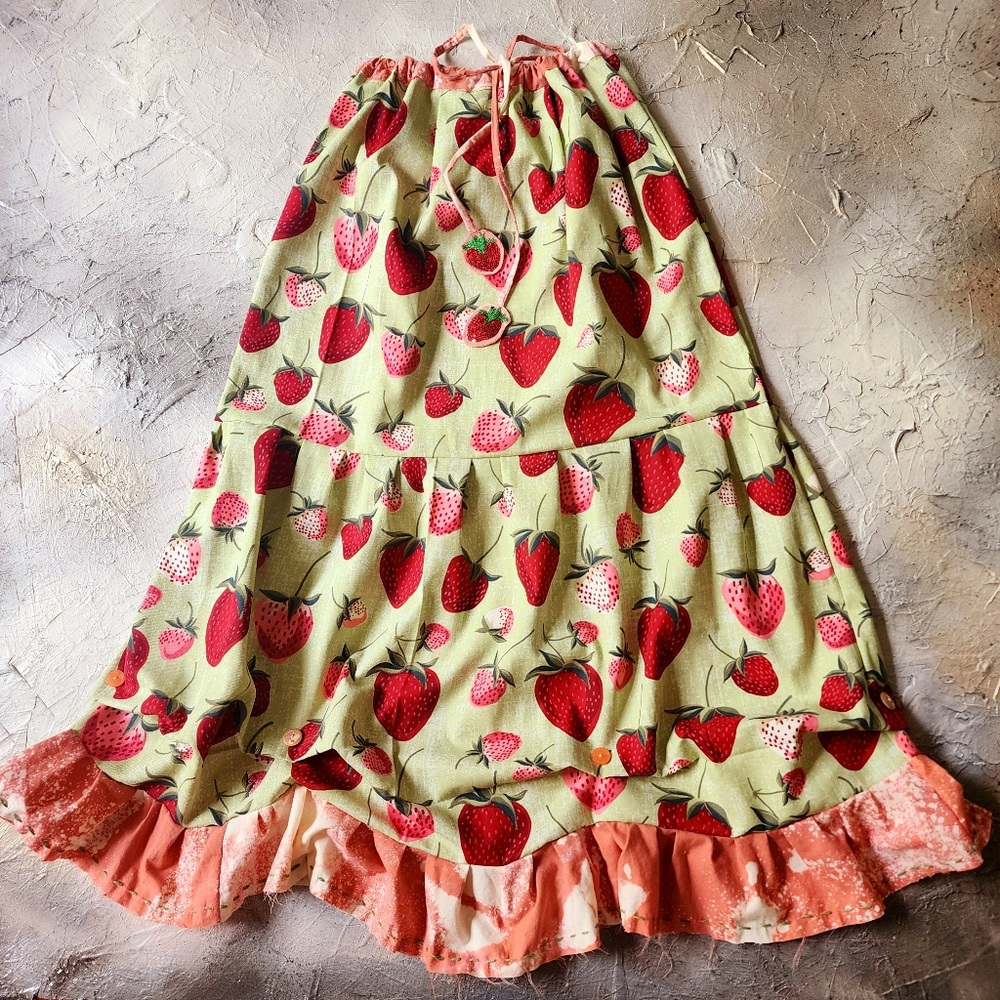 SOLD OUT✅️Designer Boho Maxi Skirt Upcycled Rare Strawberry Cottage Shabby Chic - Picture 3 of 16